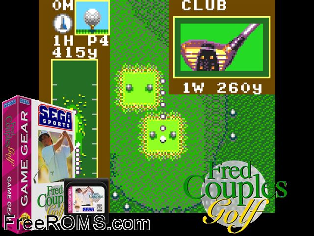 Fred Couples Golf Game Gear game showing 3D box cover and gameplay screenshot